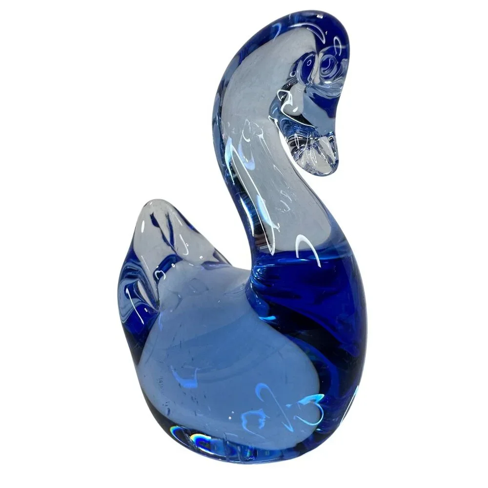 Swan Figurine Paperweight Hand Blown Art Glass Vintage Cobalt Blue 3 X 3.5 Decor